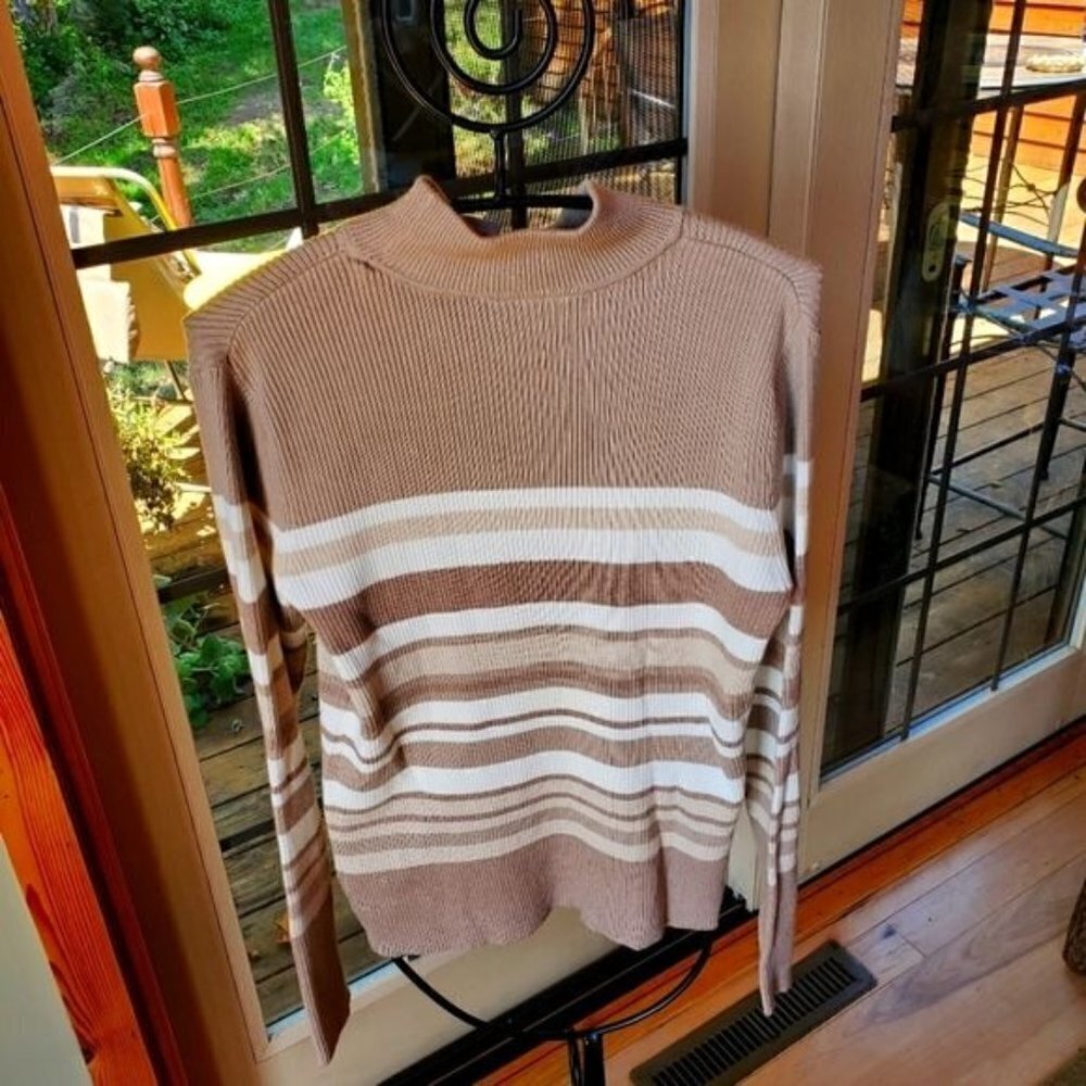 Croft & Barrow Womens XL Mock Neck Ribbed Striped Sweater Tan White Long Sleeve